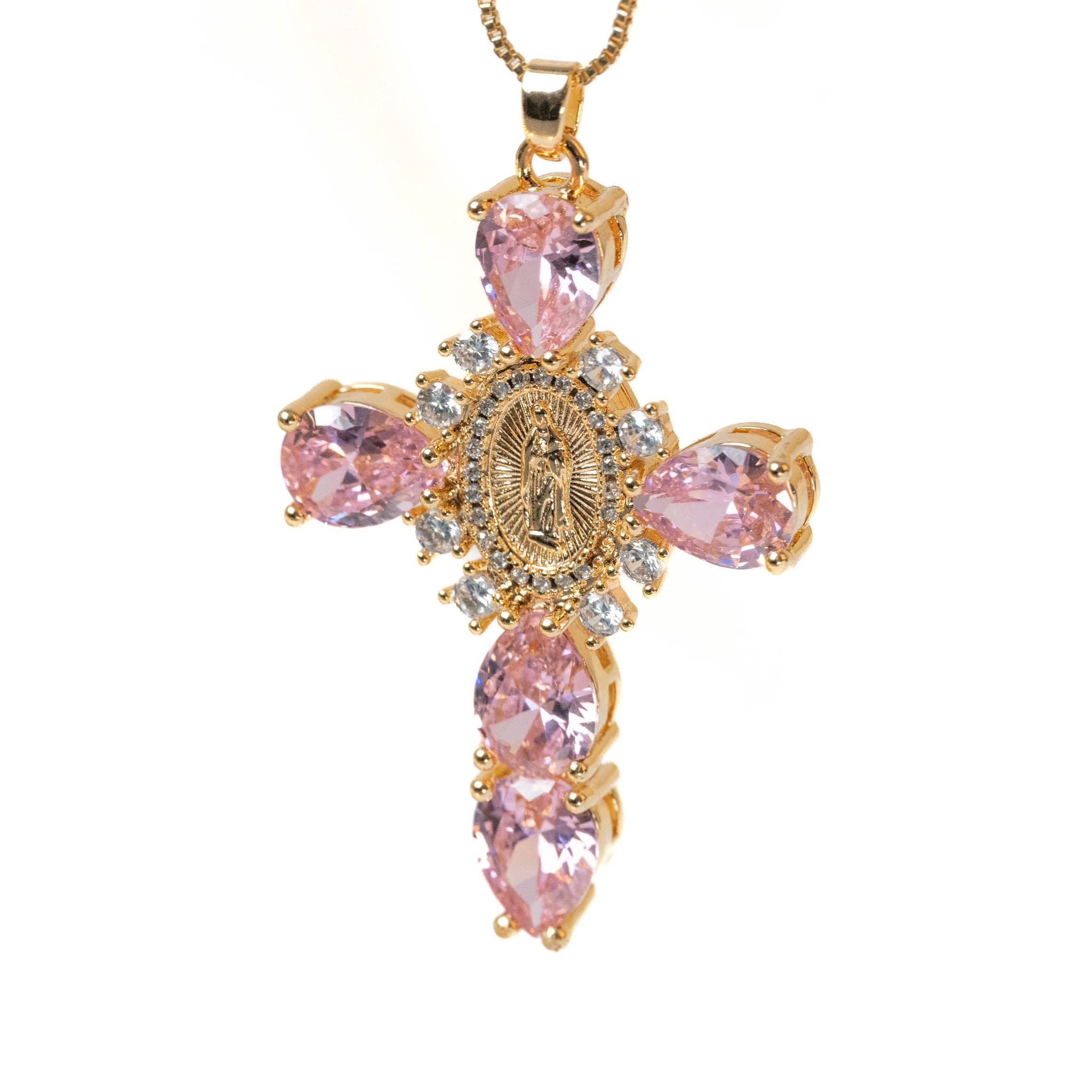 Collier Croix Chrétienne Dorée avec Pierres Roses et Médaillon de la Vierge Marie - TresorDuCiel