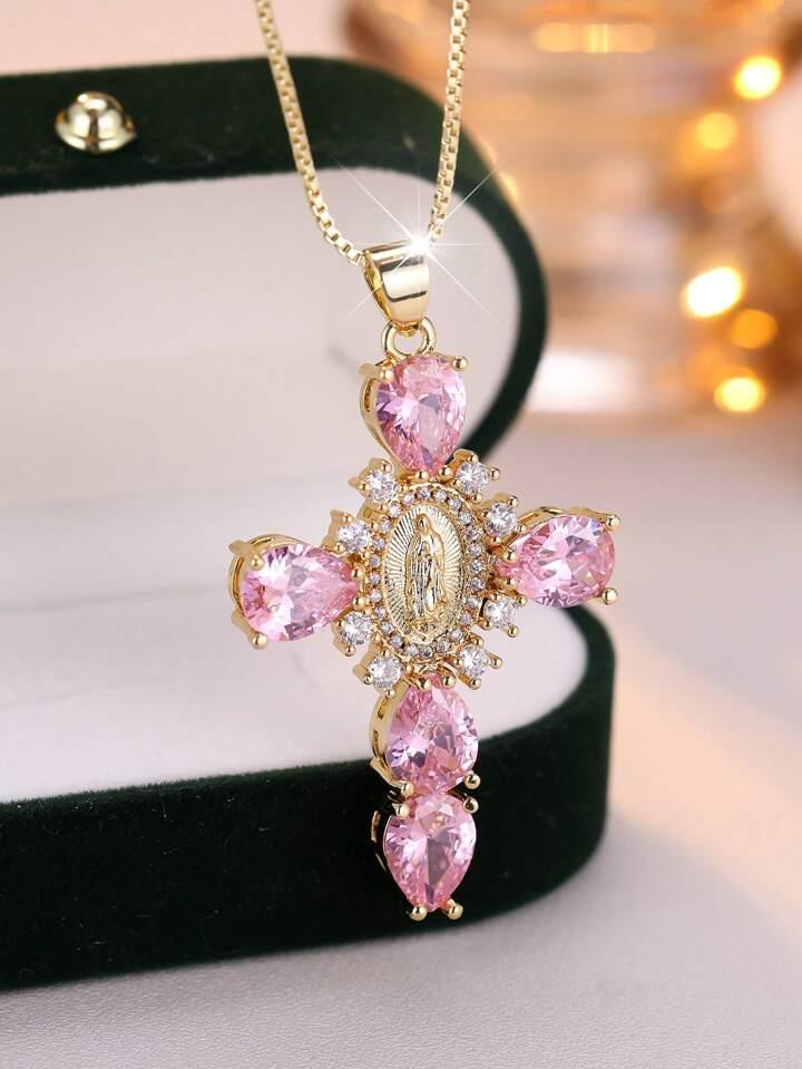 Collier Croix Dorée Rose et Médaillon de la Vierge Marie - TresorDuCiel