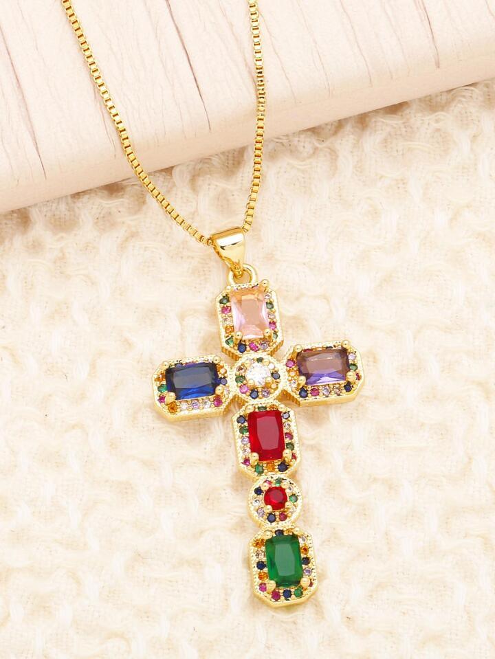 Collier Croix en Cuivre avec Pierres Colorées - TresorDuCiel