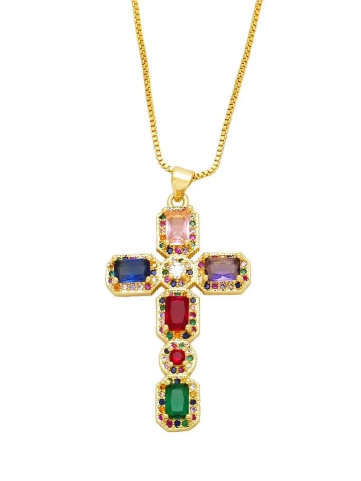 Collier Croix en Cuivre avec Pierres Colorées - TresorDuCiel